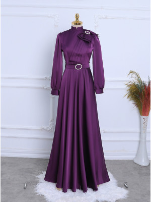 Satin Evening Dress with Brooch, Bow, Stones and Belt - Purple
