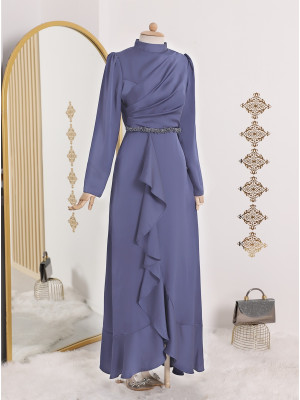 Frilly Skirt and Stone Waist Judge Collar Satin Evening Dress  -Blue