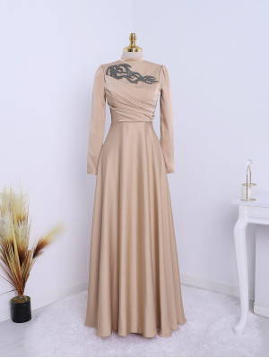 Stone Collar Draped Evening Dress -Mink color