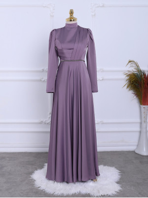 Front Draped Waist Bead Detailed Satin Evening Dress -Lilac
