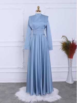 Waist Pleat Detailed Front Double Layer Satin Evening Dress -Baby Blue