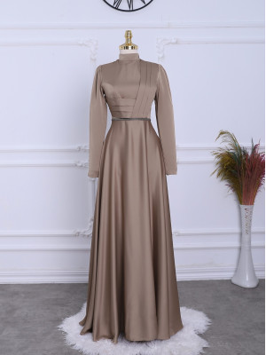 Front Draped Waist Bead Detailed Satin Evening Dress -Mink color
