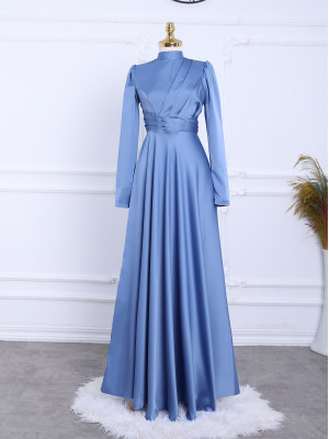 Front Pleated Satin Evening Dress -Blue