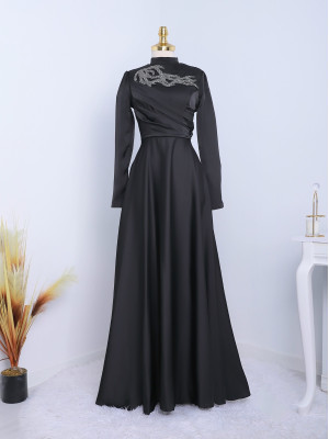 Stone Collar Draped Evening Dress -Black