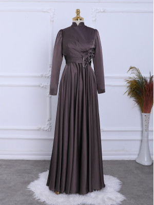 Rose Detail Draped Satin Evening Dress -Brown