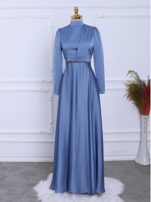 Front Draped Waist Bead Detailed Satin Evening Dress -Blue