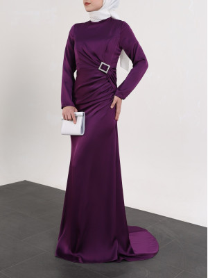 Side Pleated Stone Taka Detailed Satin Evening Dress - Purple
