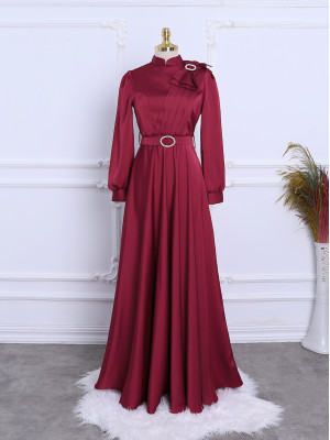 Satin Evening Dress with Brooch, Bow, Stones and Belt -Maroon