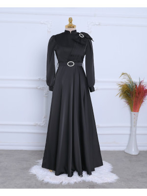 Satin Evening Dress with Brooch, Bow, Stones and Belt -Black