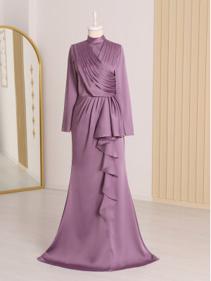 Frilly Skirt and Draped Front Satin Evening Dress -Lilac