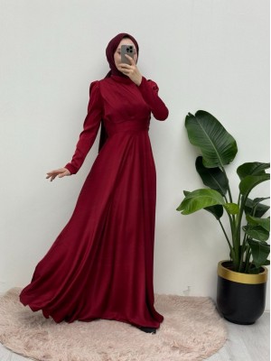 Front Pleated Satin Evening Dress -Maroon