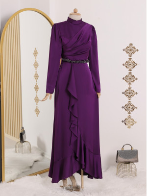 Frilly Skirt and Stone Waist Judge Collar Satin Evening Dress - Purple