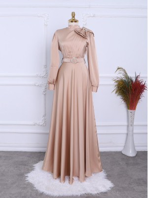 Satin Evening Dress with Brooch, Bow, Stones and Belt - Beige