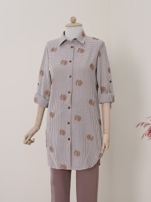 Floral Embroidery Check Shirt -Brown