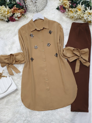 Front Metal Detailed Sleeve Lace-Up Shirt -Mink color