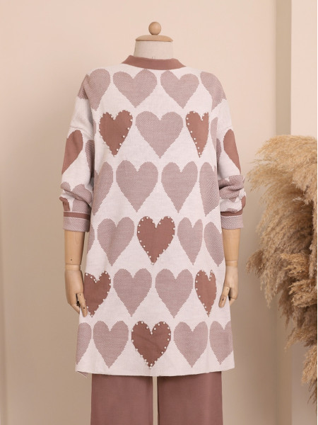 Pearly Heart Pattern Double Plate Knitwear Tunic -Dried rose