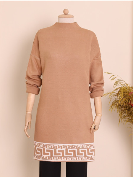 Half Neck Patterned Double Plate Knitwear Tunic -Mink color