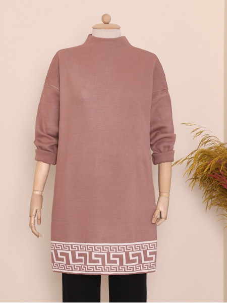 Half Neck Patterned Double Plate Knitwear Tunic -Dried rose