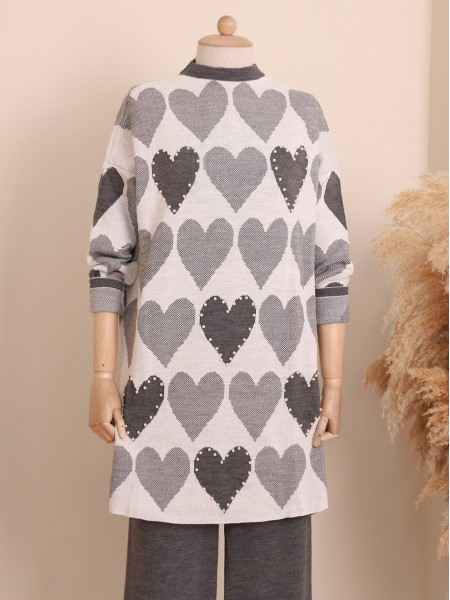 Pearly Heart Pattern Double Plate Knitwear Tunic -Smoked 