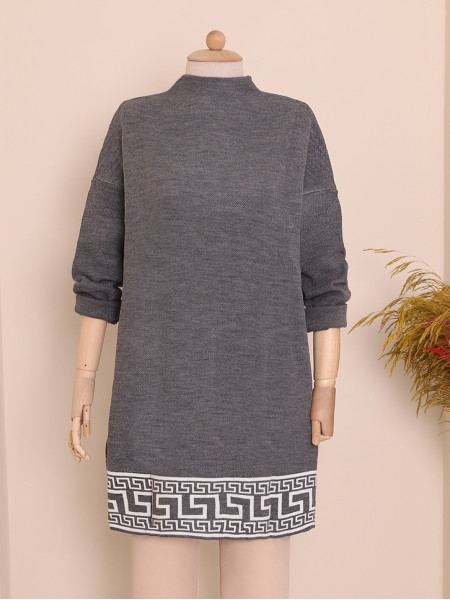 Half Neck Patterned Double Plate Knitwear Tunic -Smoked 