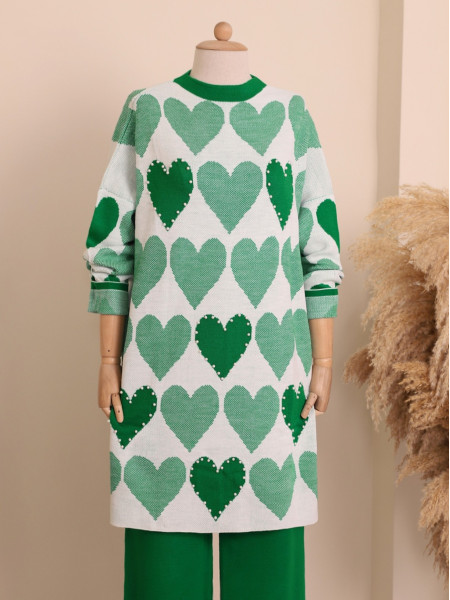 Pearly Heart Pattern Double Plate Knitwear Tunic -Green