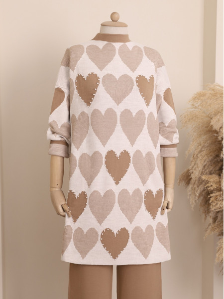 Pearly Heart Pattern Double Plate Knitwear Tunic -Mink color