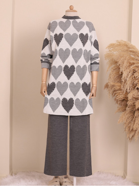 Pearly Heart Patterned Double Plate Knitwear Set -Smoked 