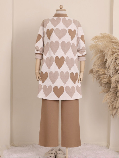 Pearly Heart Patterned Double Plate Knitwear Set -Mink color