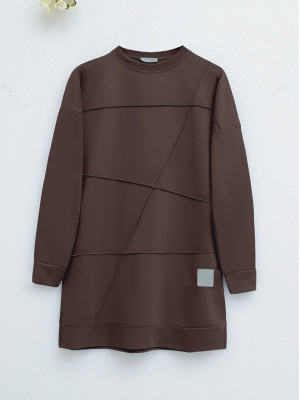 Grass Patterned Crew Neck Tunic -Brown