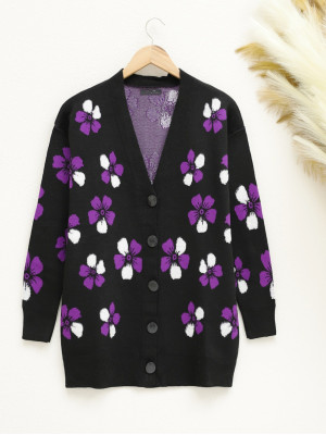 Floral Embossed Buttoned Cardigan -Black