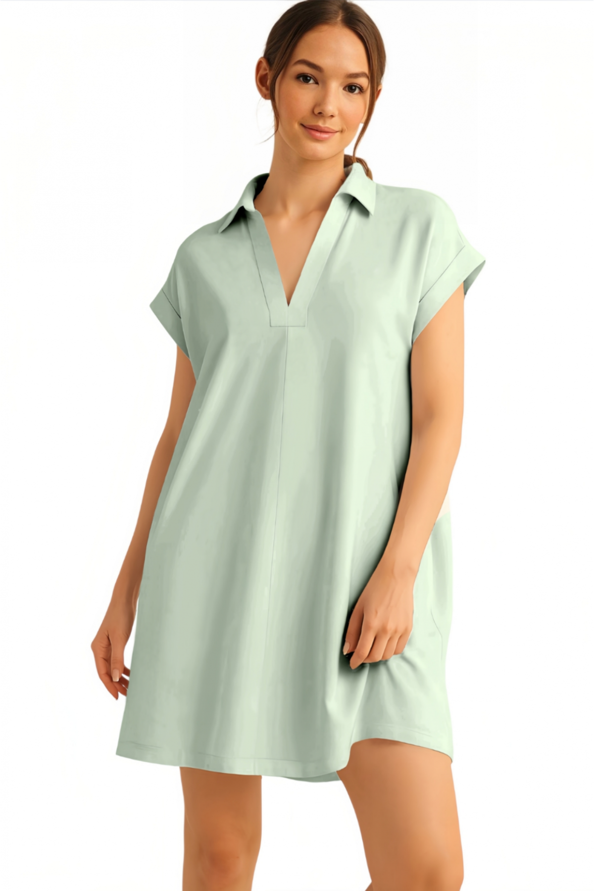 Shirt Collar Pocketed Single Jersey Combed Cotton Dress -Cagla Green