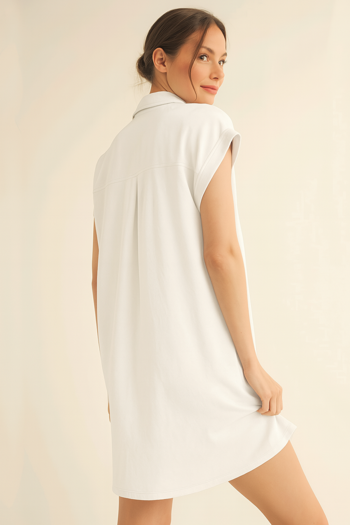 Shirt Collar Pocketed Single Jersey Combed Cotton Dress -White