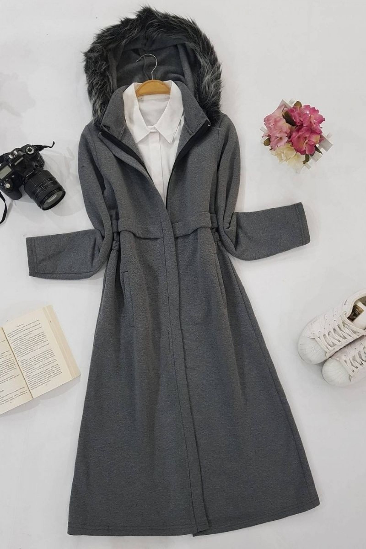 woman grey hooded three trench coats model