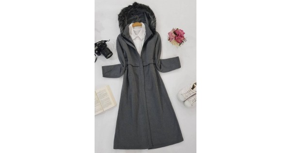 woman grey hooded three trench coats model