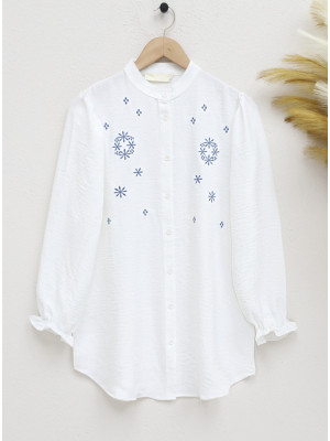 Embroidered Collar Shirt with Elastic Sleeves -White