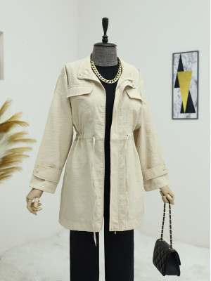 Laced Waist Zippered Trench Coat - Beige