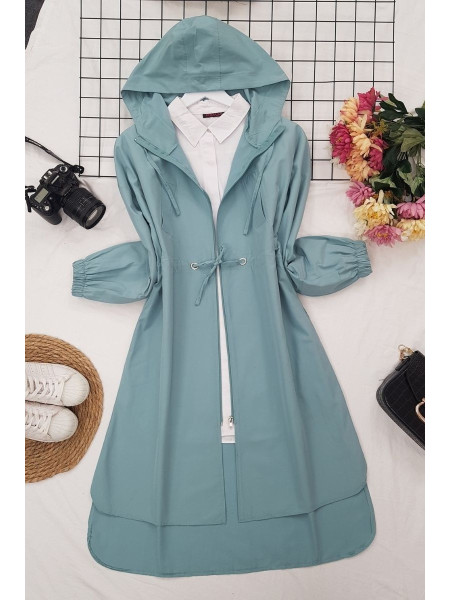 Hooded Zippered Lace-up Trench Coat -Mint Color