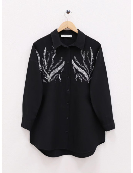 Sequined Long Shirt with Front Sequins -Black