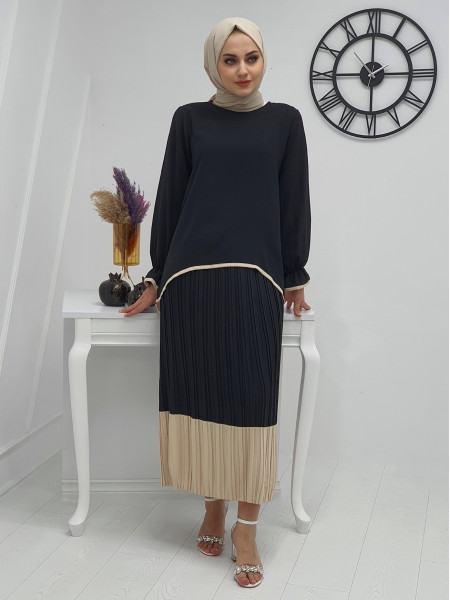 Pleated Skirt Asymmetric Cut Ayrobin Suit -Black