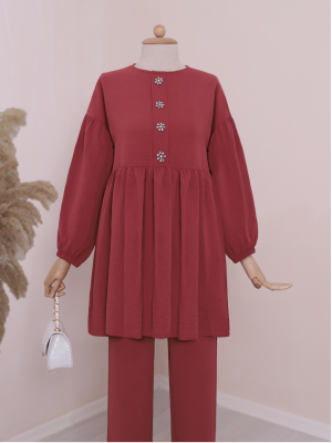 Elastic Arms and Stone Detailed Ayrobin Suit -Dried rose