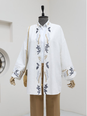 Yakası ve Kolu Pul İşlemeli Keten Kimono -Taş
