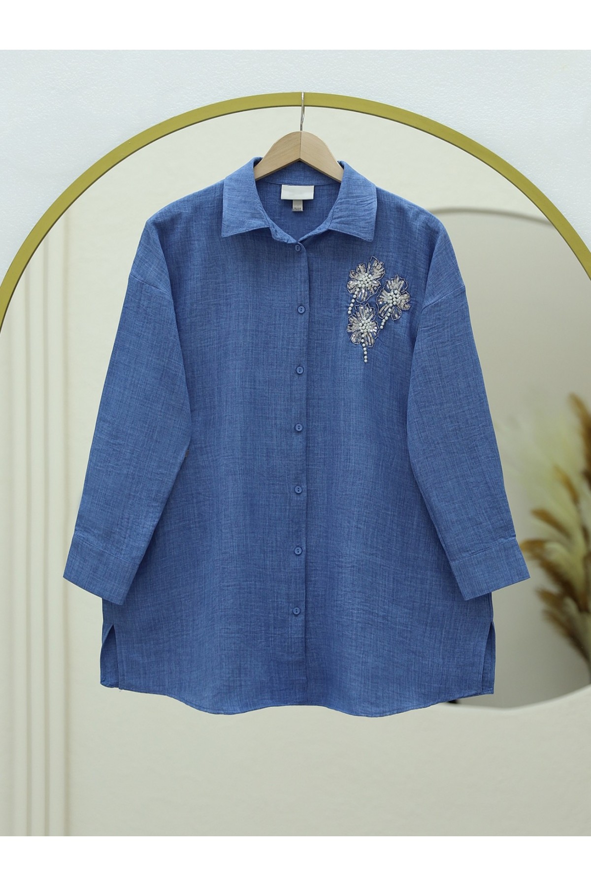 Slit Shirt with Floral Embroidered Chest -Blue