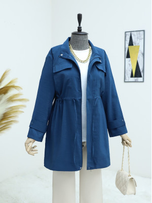 Laced Waist Zippered Trench Coat -Oil color