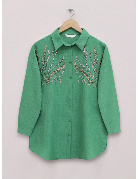 Sequined Long Shirt with Front Sequins  -Forest Green