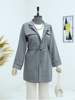 Laced Waist Zippered Trench Coat -Anthracite