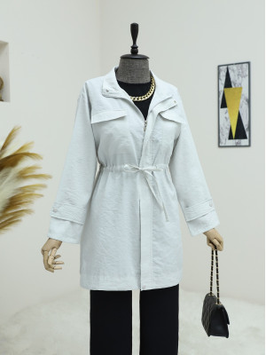 Laced Waist Zippered Trench Coat -Grey