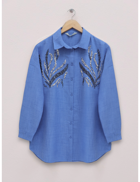Sequined Long Shirt with Front Sequins  -İndigo