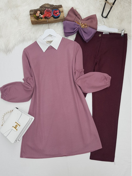 Balloon Sleeve Frill Detailed Crew Neck Tunic -Dried rose