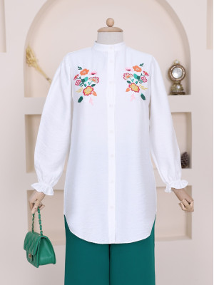 Embroidery Detailed Judge Collar Sleeve Elastic Linen Shirt -Ecru