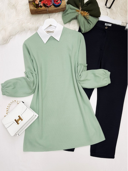 Balloon Sleeve Frill Detailed Crew Neck Tunic -Mint Color